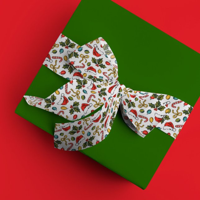 Christmas Sketches Santa Hat Holly Candy Cane Bow Satinband (Festive Christmas sketches ribbon)
