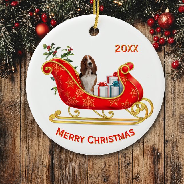 Christmas Sleigh Basset Hound Dog Keramik Ornament (Von Creator hochgeladen)