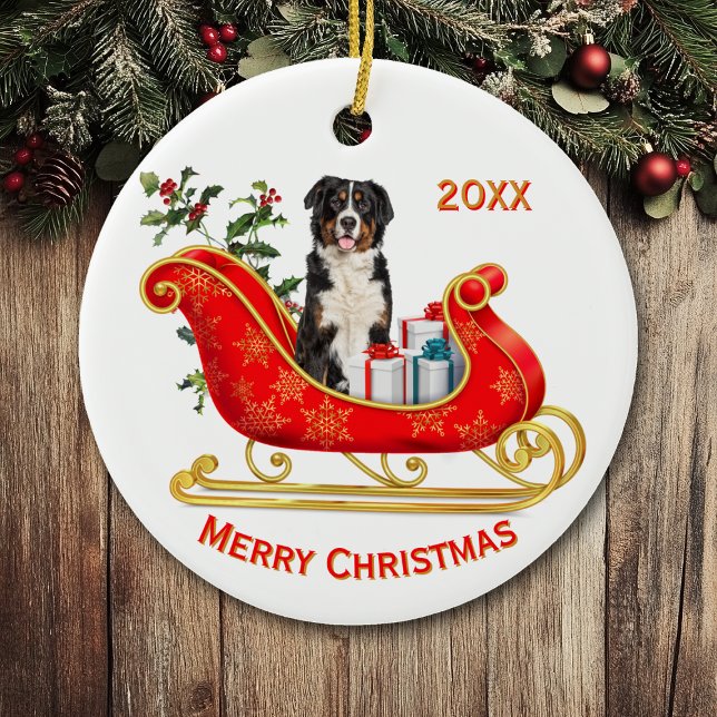 Christmas Sleigh Bernese Mountain Dog Keramik Ornament (Von Creator hochgeladen)