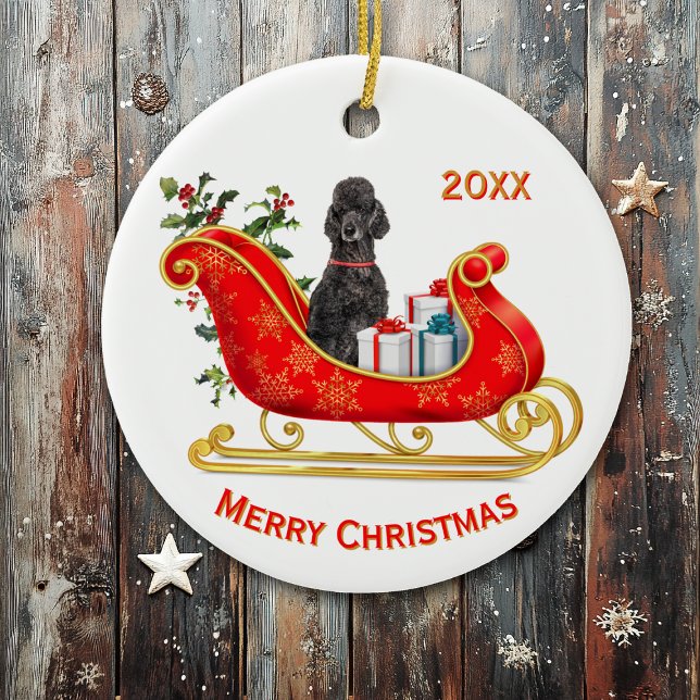 Christmas Sleigh Black Poodle Dog Keramik Ornament (Von Creator hochgeladen)