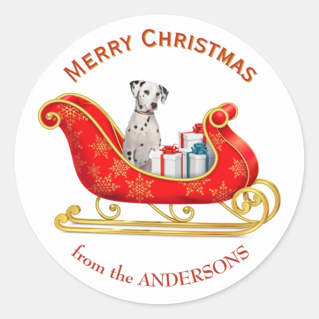 Christmas Sleigh Dalmatiner Dog Runder Aufkleber (Vorderseite)