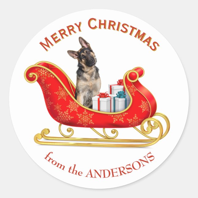 Christmas Sleigh German Shepherd Dog Runder Aufkleber (Vorderseite)