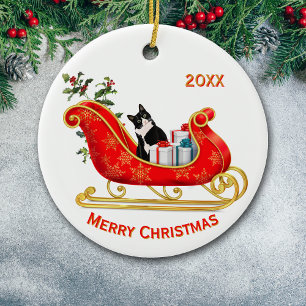 Christmas Sleigh Schwarz-weiße Katze Keramik Ornament