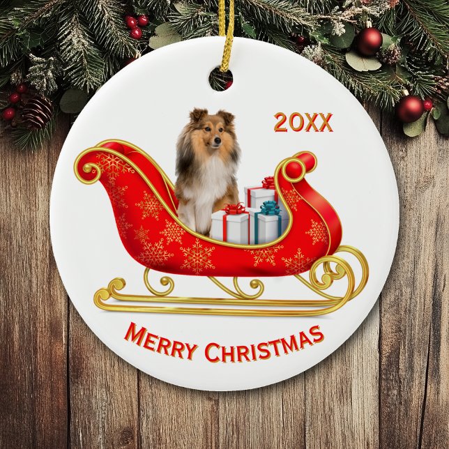 Christmas Sleigh Shetland Sheepdog Keramik Ornament (Von Creator hochgeladen)
