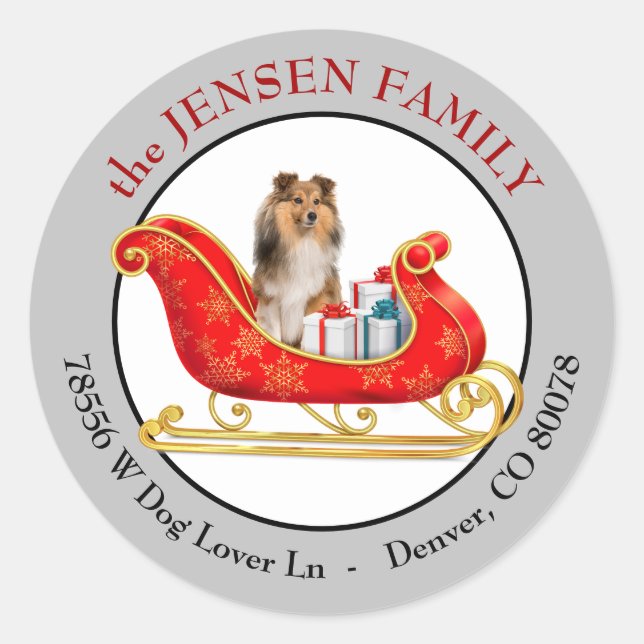 Christmas Sleigh Shetland Sheepdog Return Address Runder Aufkleber (Vorderseite)