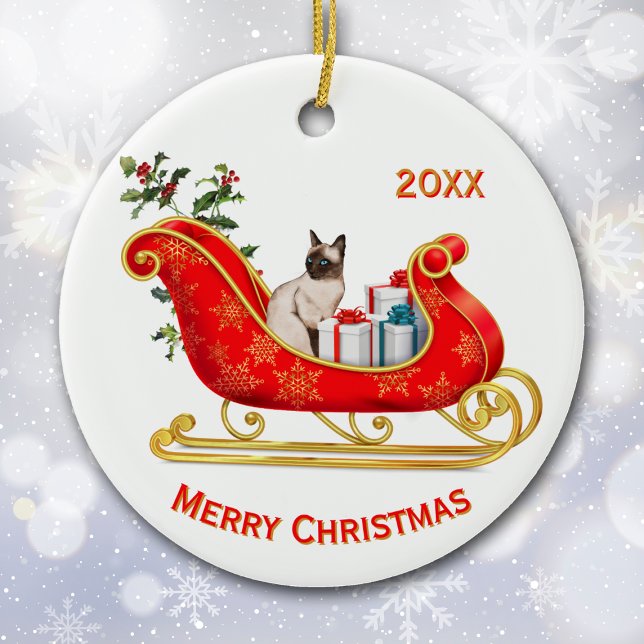 Christmas Sleigh Siamese Cat Keramik Ornament (Von Creator hochgeladen)
