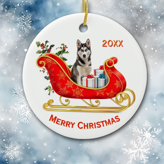 Christmas Sleigh Siberian Husky Dog Keramik Ornament (Von Creator hochgeladen)