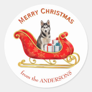 Christmas Sleigh Siberian Husky Dog Runder Aufkleber
