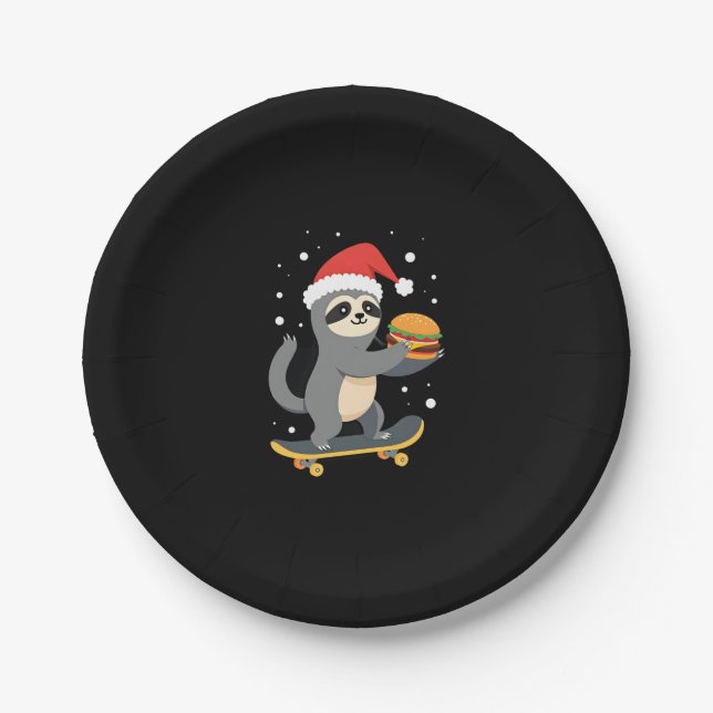 CHRISTMAS SLOTH Funny Christmas Skateboard Sloth ( Pappteller (Vorderseite)