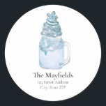 Christmas Snowflake Blue Milkshake Adresse Runder Aufkleber<br><div class="desc">Illustration von blauem Milchshake in Mason-Glas überzogen mit Sahne,  Schneeflocken Sprinkles und Weihnachtsgebäck.</div>