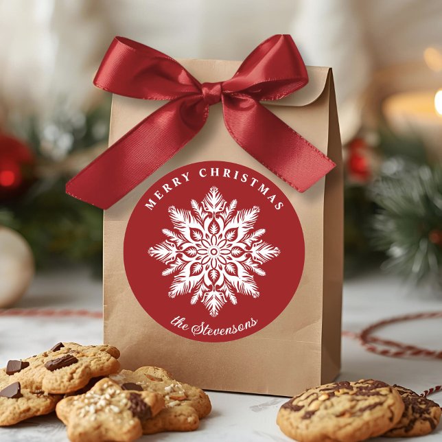 Christmas Snowflake Red Custom Holiday Runder Aufkleber (Von Creator hochgeladen)