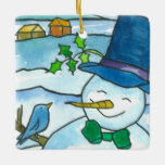 Christmas Snowman Bluebird Snowflakes Keramikornament<br><div class="desc">A cute ornament for the holidays featuring a cheerful snowman with a little bluebird in a snowy landscape drawn in ink with watercolor with a snowflake watercolor wash on the reverse. Great for gifts and holiday decor!</div>