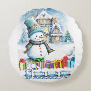 CHRISTMAS SNOWMAN GIFTS AND TOY TRAIN RUNDES KISSEN