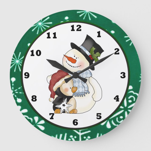 Christmas snowman Holiday cartoon clock Große Wanduhr (Vorderseite)