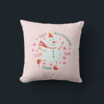 Christmas Snowman Hugs Liebe Kisses Pink Kissen<br><div class="desc">Dieses Kissen bietet einen niedlichen Weihnachtsschneemann mit einer fröhlichen Weihnachtsbotschaft.</div>