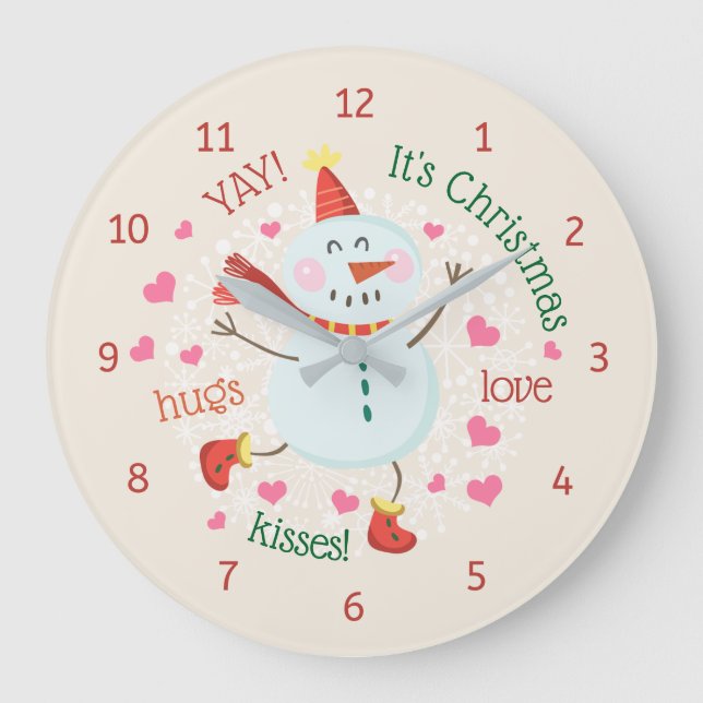 Christmas Snowman Hugs Love Kisses Große Wanduhr (Vorderseite)