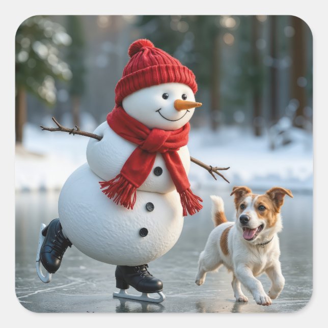 Christmas Snowman Ice Skating With Dog Quadratischer Aufkleber (Vorderseite)