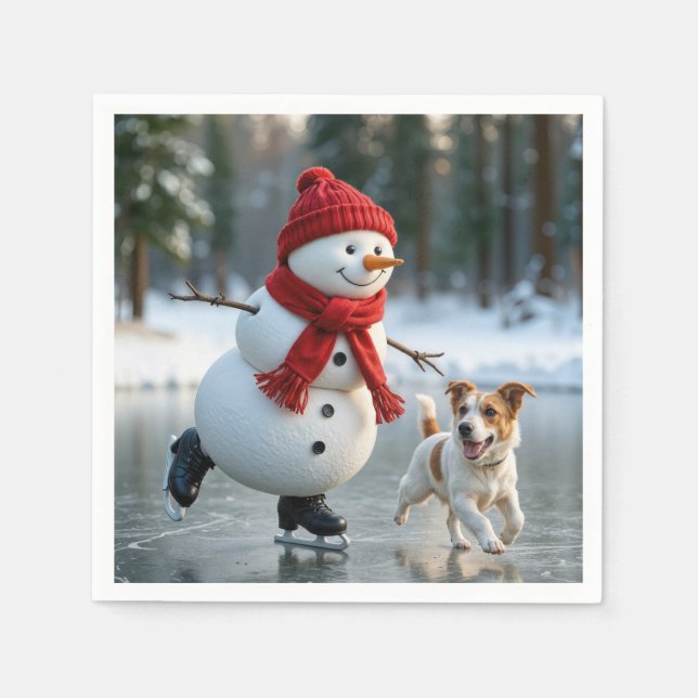 Christmas Snowman Ice Skating With Dog Serviette (Vorderseite)