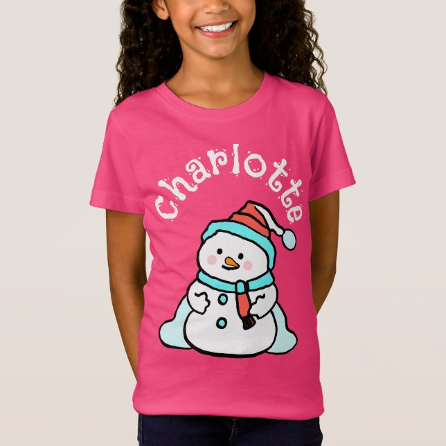 Christmas Snowman Individuelle Name Girls Pink T-Shirt (Vorderseite)