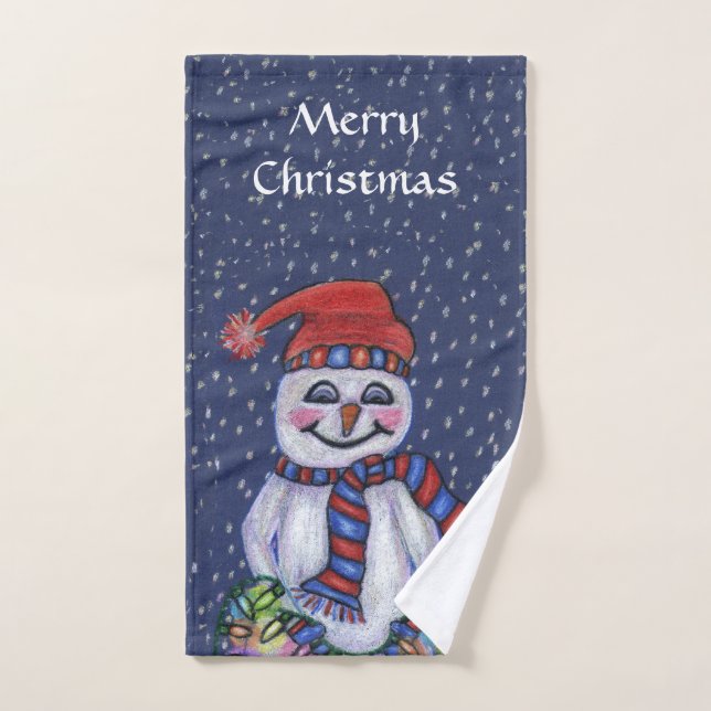 Christmas Snowman Lights Snow Hat Scarf Dark Blue Handtuch (Handtuch)