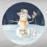 Christmas Snowman Rabbit Bird Hat Watercolor Runder Aufkleber<br><div class="desc">Ein Schneemann in einem Hut,  der einen Vogel mit zwei Kaninchen hält.</div>
