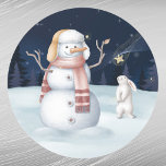 Christmas Snowman Rabbit Carrot Watercolor Runder Aufkleber<br><div class="desc">Ein Schneemann,  der Ohrmuffe trägt und für seine Nase eine Karotte trägt. Inquisitiver Hase,  der Karotten anschaut.</div>