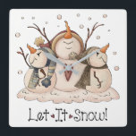 Christmas Snowman Rustic Country Primitive Winter Quadratische Wanduhr<br><div class="desc">Snowman snowflake rustic country winter primitive Christmas square wall clock. Change the color background and personalize if desired. Just click on the "Customize" button. Add other matching bedroom,  bathroom,  kitchen,  and home decor. Copyright © Trina Clark</div>