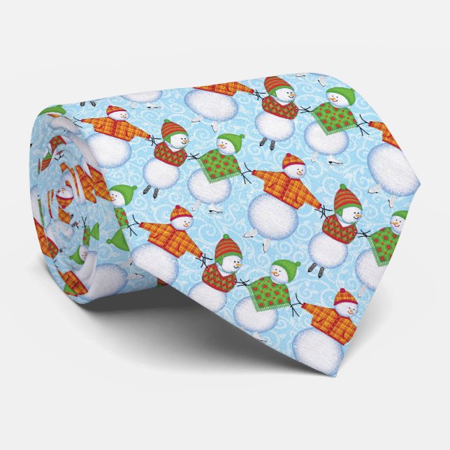 Christmas Snowman Skaten auf Blue Damask Krawatte (Gerollt)