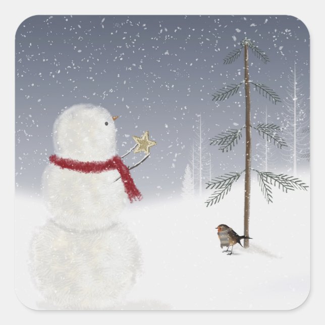 Christmas Snowman Star Quadratischer Aufkleber (Vorderseite)