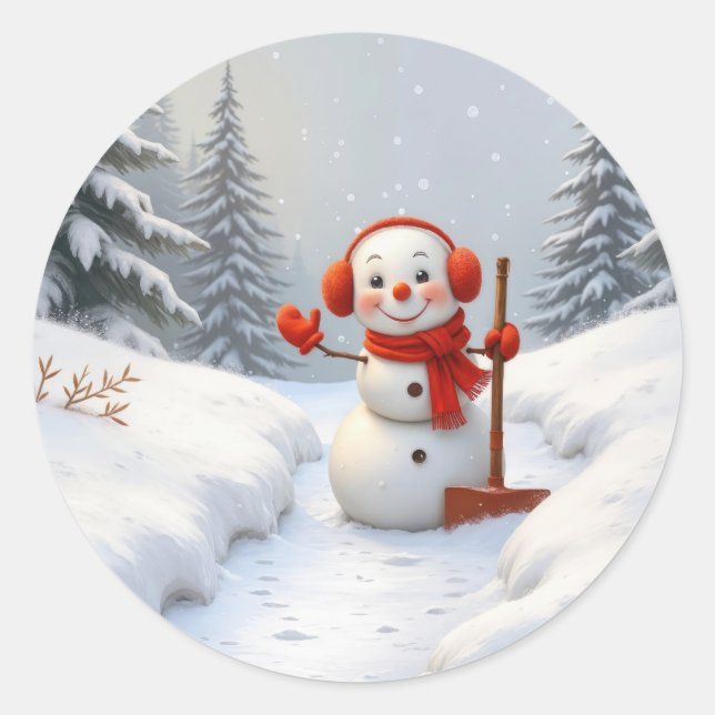 Christmas Snowman with a Red Shovel Runder Aufkleber (Vorderseite)