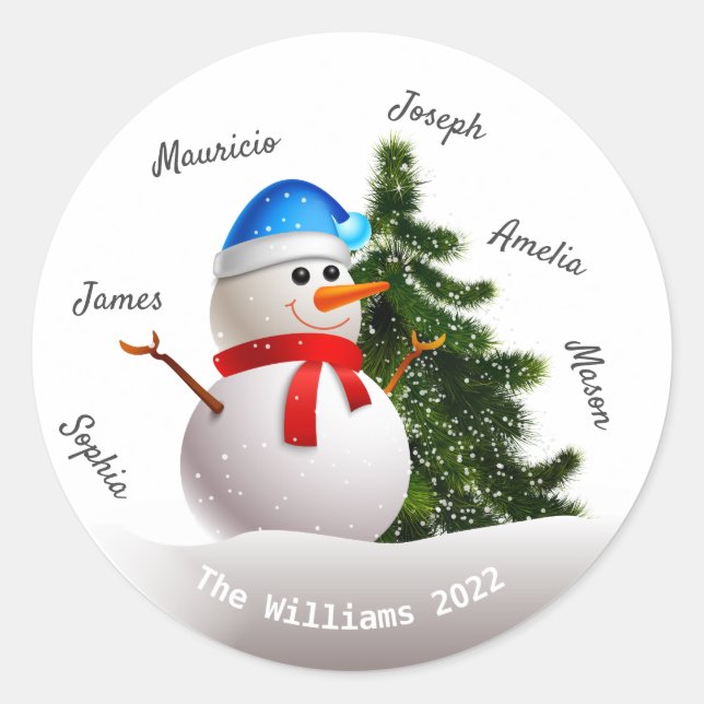 Christmas Snowman With Family Names Round Sticker (Vorderseite)