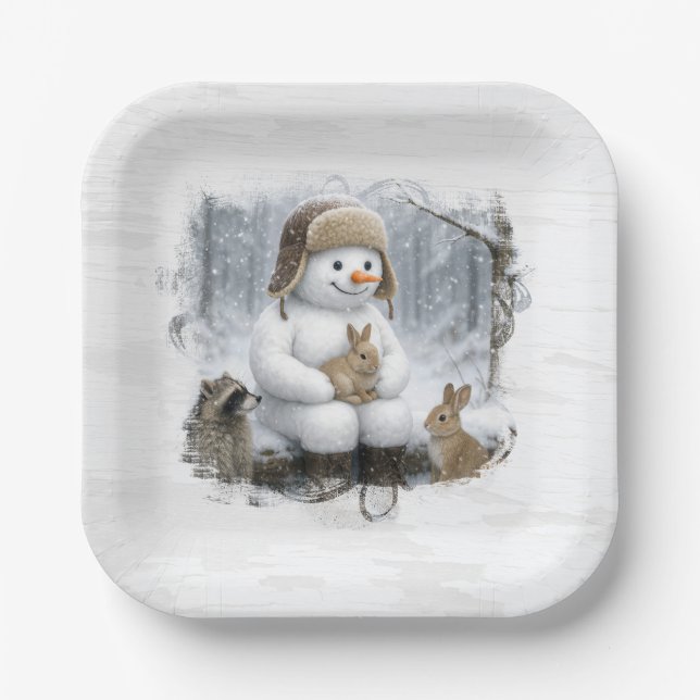 Christmas Snowman With Friends In Winter Woods Pappteller (Vorderseite)