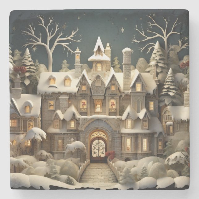 Christmas Snowy Manor Storybook Wonderland Steinuntersetzer (Vorderseite)