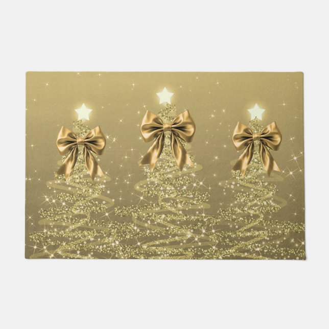 Christmas Sparkling Trees Gold Faux Bow  Fußmatte (Vorderseite)