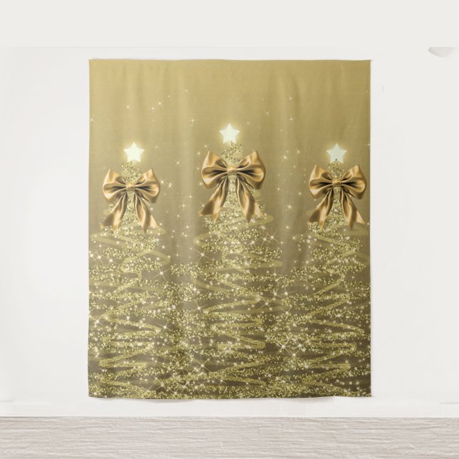 Christmas Sparkling Trees Gold Faux Bow  Wandteppich (Vorderseite)