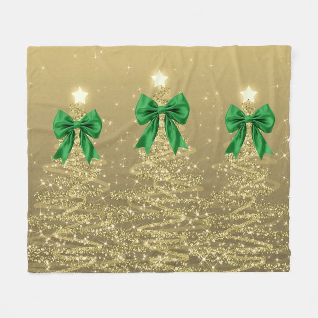 Christmas Sparkling Trees Gold Faux Green Bow  Fleecedecke (Vorderseite (Horizontal))