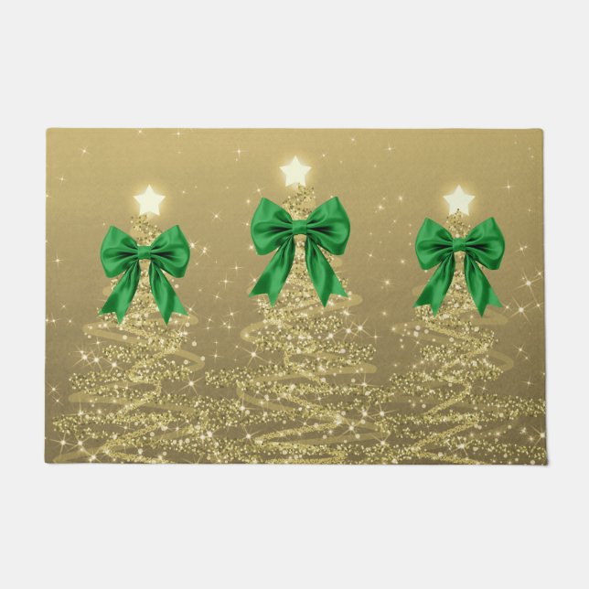 Christmas Sparkling Trees Gold Faux Green Bow  Fußmatte (Vorderseite)