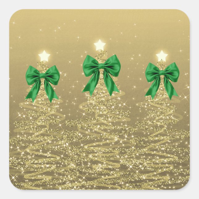 Christmas Sparkling Trees Gold Faux Green Bow  Quadratischer Aufkleber (Vorderseite)