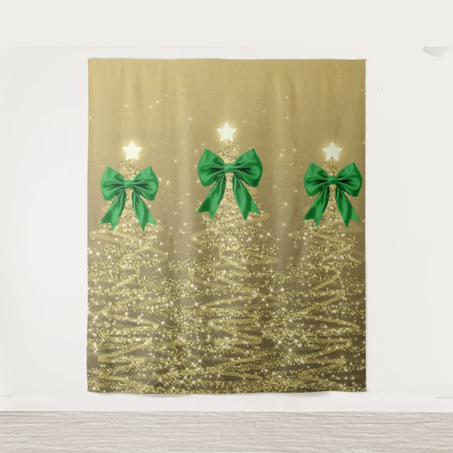 Christmas Sparkling Trees Gold Faux Green Bow  Wandteppich (Vorderseite)