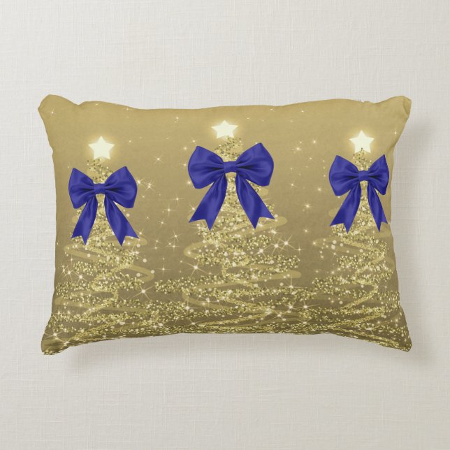 Christmas Sparkling Trees Gold Faux Navy Bow  Dekokissen (Vorderseite)