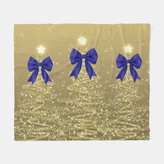 Christmas Sparkling Trees Gold Faux Navy Bow  Fleecedecke (Vorderseite (Horizontal))