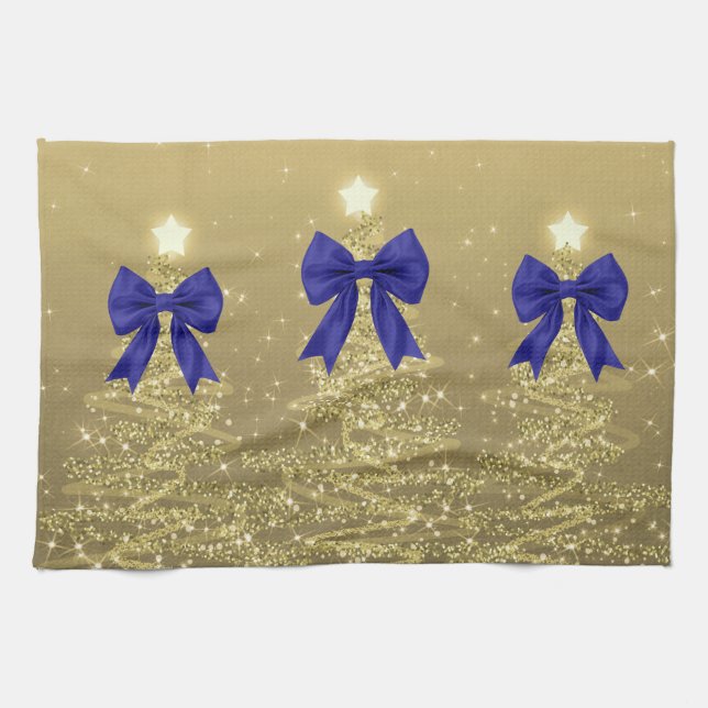 Christmas Sparkling Trees Gold Faux Navy Bow  Geschirrtuch (Horizontal)