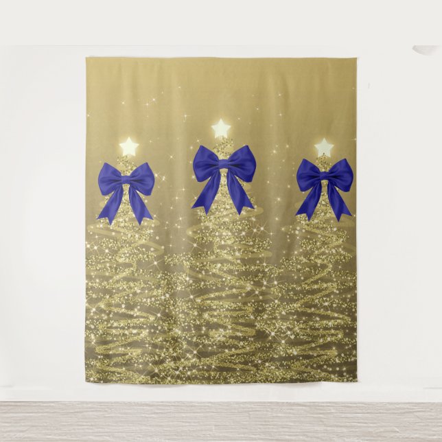 Christmas Sparkling Trees Gold Faux Navy Bow  Wandteppich (Vorderseite)