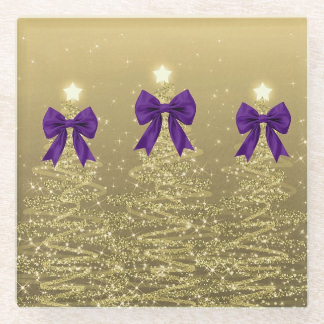 Christmas Sparkling Trees Gold Faux Purple Bow  Glasuntersetzer (Vorderseite)