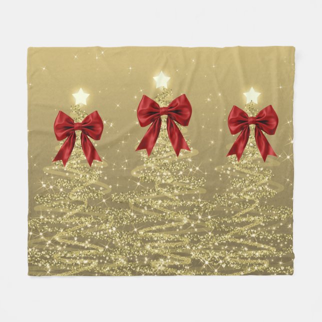 Christmas Sparkling Trees Gold Faux Red Bow  Fleecedecke (Vorderseite (Horizontal))