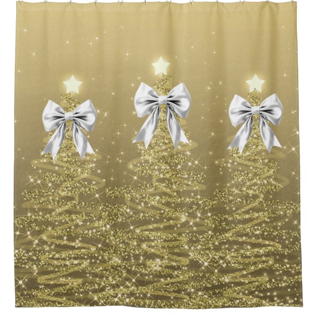 Christmas Sparkling Trees Gold Faux Silver Bow  Duschvorhang (Vorderseite)