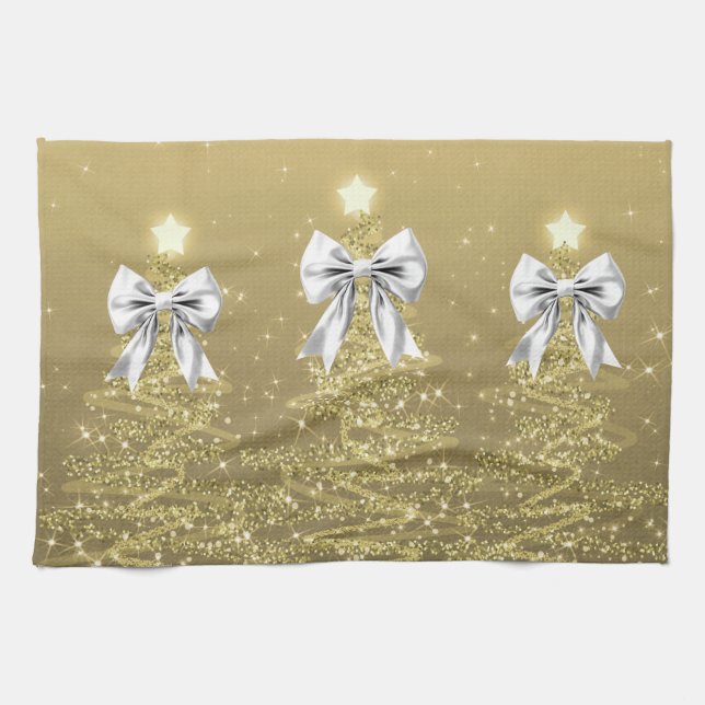 Christmas Sparkling Trees Gold Faux Silver Bow  Geschirrtuch (Horizontal)