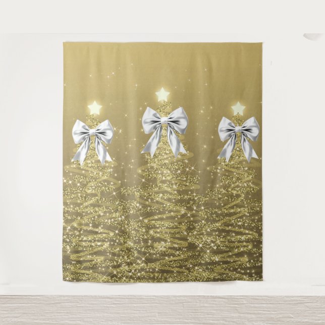 Christmas Sparkling Trees Gold Faux Silver Bow  Wandteppich (Vorderseite)