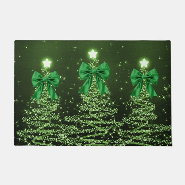 Christmas Sparkling Trees Green Faux Bow  Fußmatte (Vorderseite)