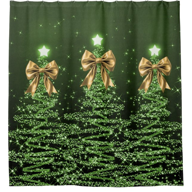 Christmas Sparkling Trees Green Faux Gold Bow  Duschvorhang (Vorderseite)